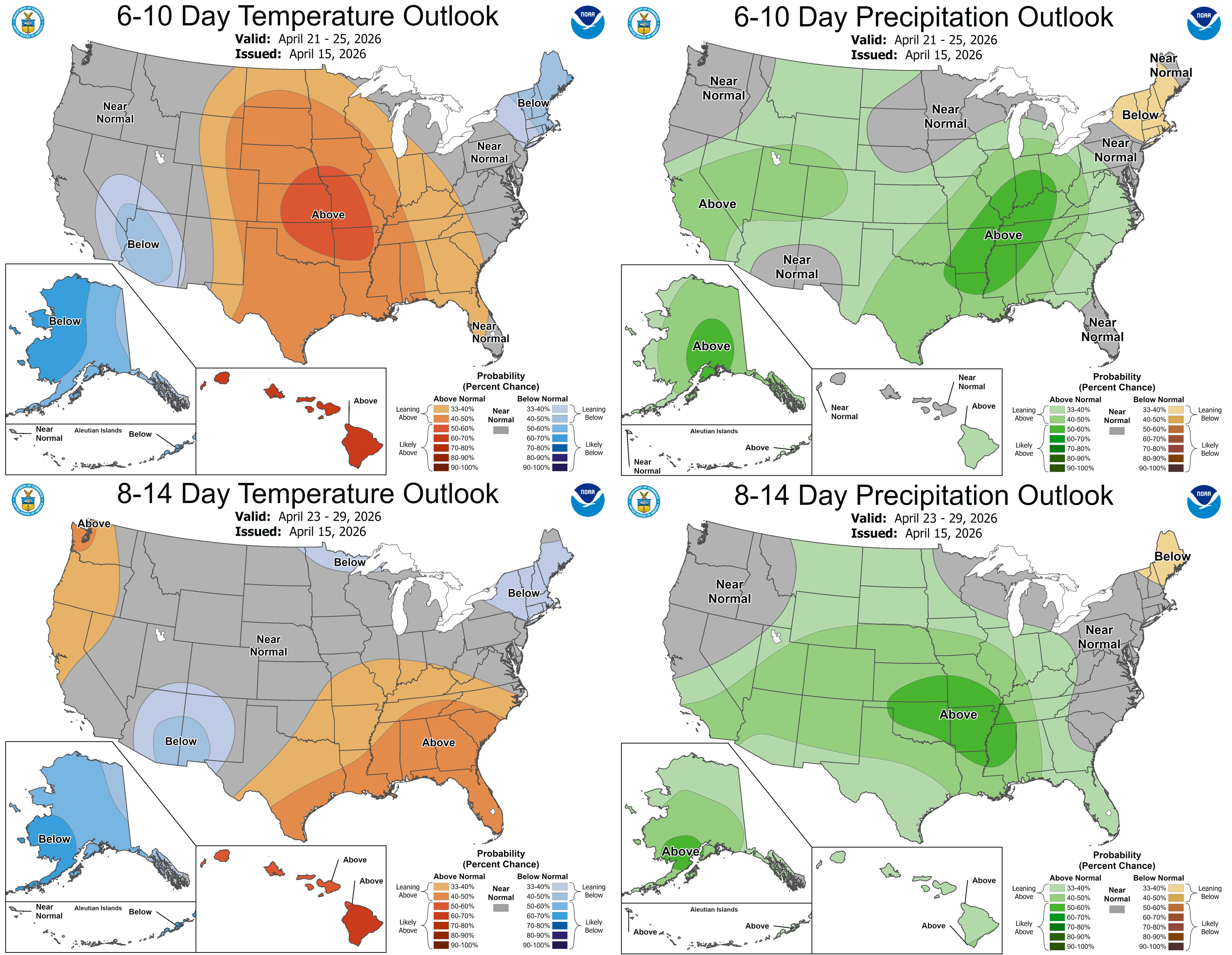 NOAA 6&ndash;10 day and 8&ndash;14 day outlook maps. The 6&ndash;10 day outlook (April 21&ndash;25, 2026) shows above-normal temperatures across much of the central and eastern U.S. and above-normal precipitation in parts of the Midwest and Southeast. The 8&ndash;14 day outlook (April 23&ndash;29, 2026) indicates continued above-normal temperatures in the Southeast and near-normal conditions elsewhere, with above-normal precipitation favored across much of the central and eastern U.S.